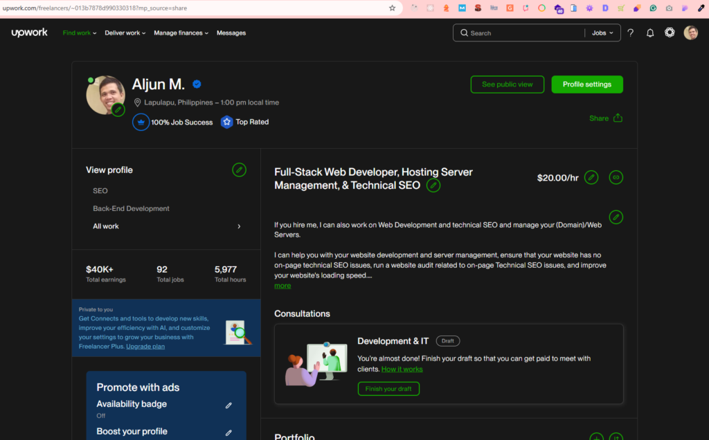 Upwork Top Rated Freelancer and 100% Job Success - aljun