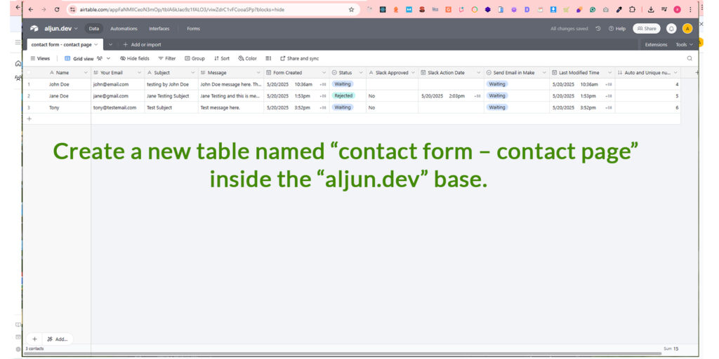 Create a new table named “contact form – contact page” inside the “aljun.dev” base.